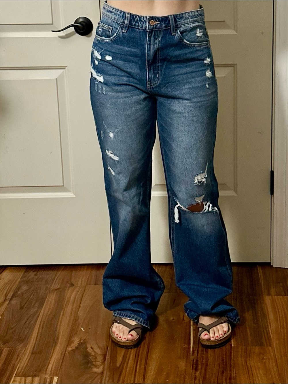 Dark Blue Distressed Wide-Leg Women’s Jeans